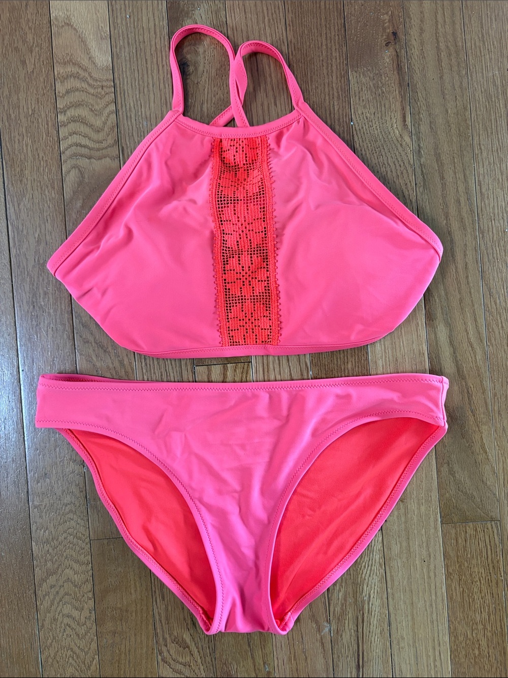 Aerie Neon Coral High Neck Bikini Top Size Large Swimsuit